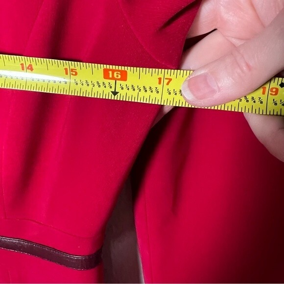 Vintage Kasper Sz 2P Long-Sleeve Midi Sheath Red Dress with Leather Belt Detail - Picture 7 of 11